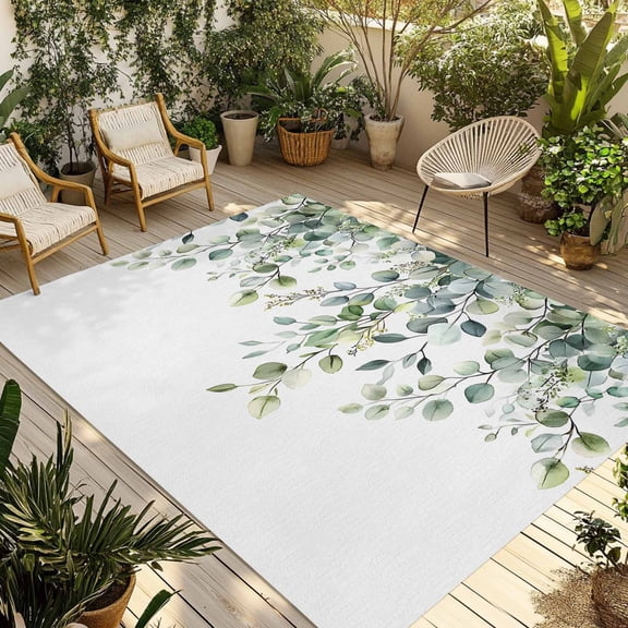 Fsddascl Eucalyptus Leaves Outdoor Rug for Patio/Deck/Porch, Non-Slip Large Area Rug 5 x 8 Ft, Summer Vintage Rustic Botanical Indoor Outdoor Rugs Washable Area Rugs, Reversible Camping Rug Carpet