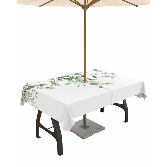 Fsddascl Eucalyptus Leaves Outdoor Tablecloth - 60x102 Inch Rectangle Dining Table Cover, Summer Vintage Rustic Botanical Waterproof Outdoor Table Cloth with Umbrella Hole & Zipper for Picnic/Patio