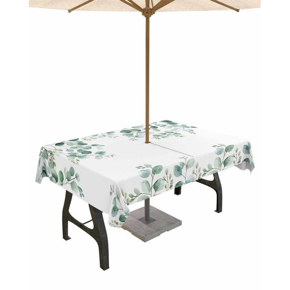 Fsddascl Eucalyptus Leaves Outdoor Tablecloth - 60x102 Inch Rectangle Dining Table Cover, Watercolor Sage Green Botanical Waterproof Outdoor Table Cloth with Umbrella Hole & Zipper for Picnic/Patio