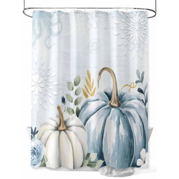 Fsddascl Fall Blue Pumpkins Shower Curtain Set - Extra Long 72" x 96" Washable Bathtub Curtain with 12 Hooks, Coastal Ocean Flower Eucalyptus Leaves Waterproof Fabric Shower Curtains for Bathroom