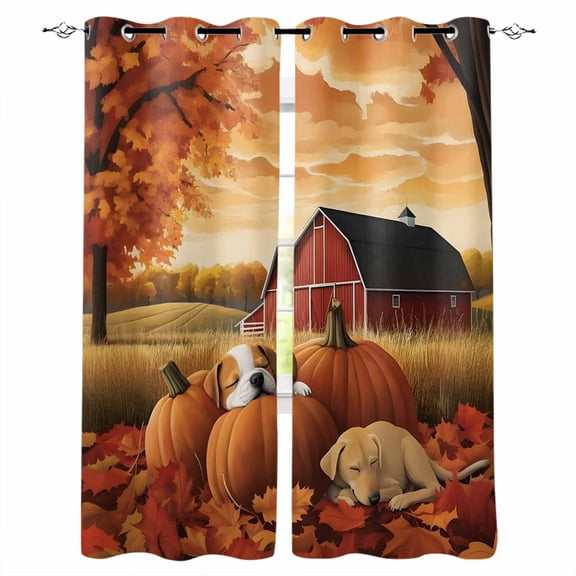 Fsddascl Fall Country Blackout Curtains for Bedroom/Living Room, Thermal Insulated Kitchen Curtains, Autumn Orange Pumpkin Barn Dog Animal Grommet Darkening Window Treatment Drapes 27.5"x39"x2