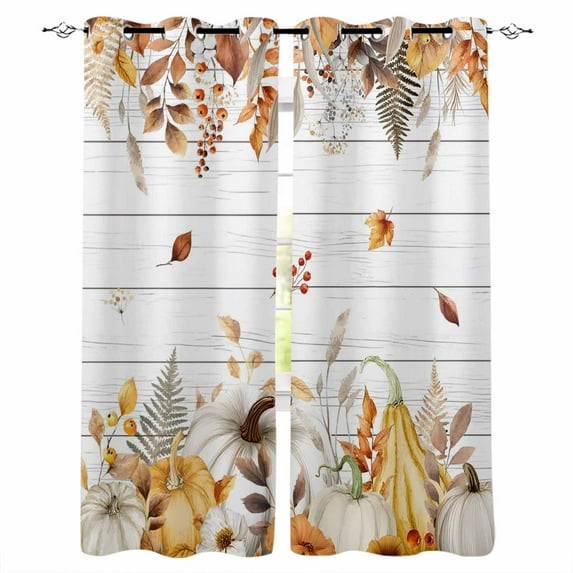 Fsddascl Fall Grey Orange Blackout Curtains for Bedroom/Living Room, Thermal Insulated Kitchen Curtains, Thanksgiving Pumpkins Vintage Maple Leaf Grommet Darkening Window Treatment Drapes 42"x63"x2