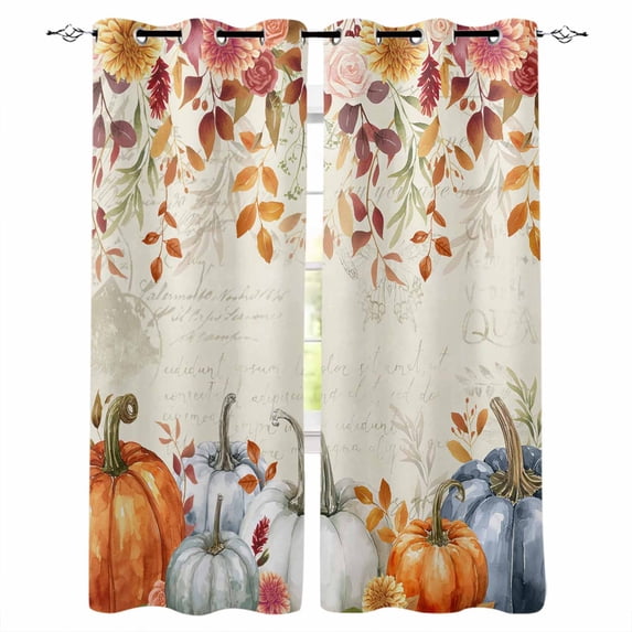Fsddascl Fall Orange Blue Blackout Curtains for Bedroom/Living Room, Thermal Insulated Kitchen Curtains, Autumn Thanksgiving Floral Botanical Grommet Darkening Window Treatment Drapes 27.5"x39"x2