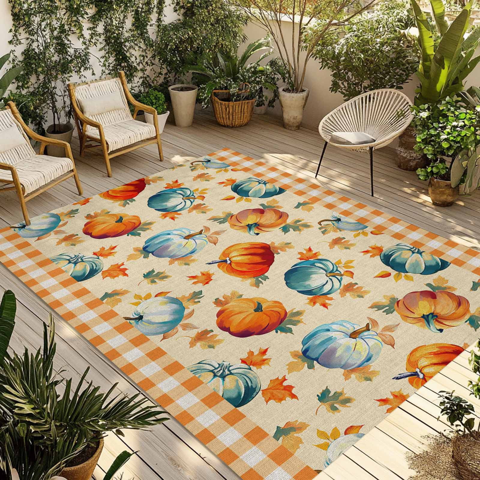 Fsddascl Fall Orange Blue Pumpkins Outdoor Rug for Patio/Deck/Porch, Non-Slip Large Area Rug 5 x 8 Ft, Orange Plaid Thanksgiving Indoor Outdoor Rugs Washable Area Rugs, Reversible Camping Rug Carpet