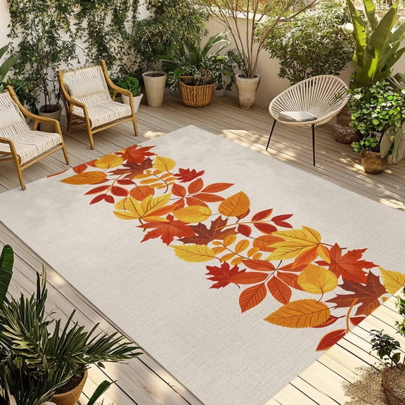 Fsddascl Fall Outdoor Rug for Patio/Deck/Porch, Non-Slip Large Area Rug 5 x 8 Ft, Thanksgiving Autumn Maple Leaf on Linen Indoor Outdoor Rugs Washable Area Rugs, Reversible Camping Rug Carpet Runner