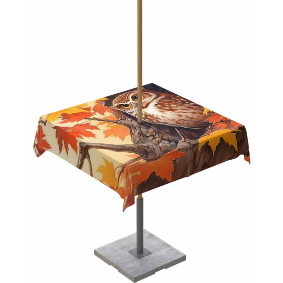 Fsddascl Fall Owl Outdoor Tablecloth - 60x60 Inch Square Dining Table Cover, Orange Yellow Maple Leaf Botanical Thanksgiving Waterproof Outdoor Table Cloth with Umbrella Hole & Zipper for Patio