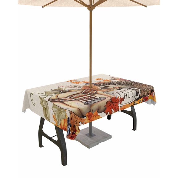 Fsddascl Fall Pumpkin Hedgehog Outdoor Tablecloth - 60x120 Inch Rectangle Dining Table Cover, Rustic Thanksgiving Waterproof Outdoor Table Cloth with Umbrella Hole & Zipper for Picnic/Patio/Party