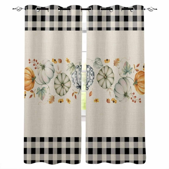Fsddascl Fall Pumpkins Blackout Curtains for Bedroom/Living Room, Thermal Insulated Kitchen Curtains, Thanksgiving Autumn Vintage Black Check Plaid Grommet Darkening Window Treatment Drapes 52"x84"x2