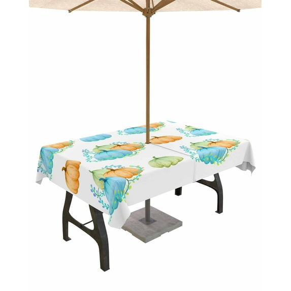 Fsddascl Fall Pumpkins Outdoor Tablecloth - 60x102 Inch Rectangle Dining Table Cover, Thanksgiving Blue Green Orange Pumpkins Waterproof Outdoor Table Cloth with Umbrella Hole & Zipper for Patio