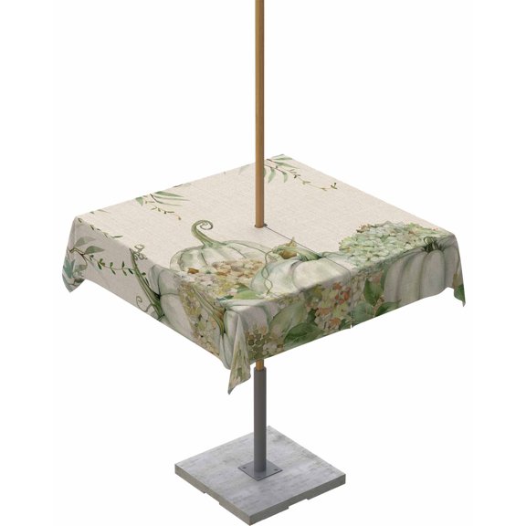 Fsddascl Fall Sage Green Pumpkins Outdoor Tablecloth - 54x54 Inch Square Dining Table Cover, Thanksgiving Maple Leaf Rustic Waterproof Outdoor Table Cloth with Umbrella Hole & Zipper for Patio