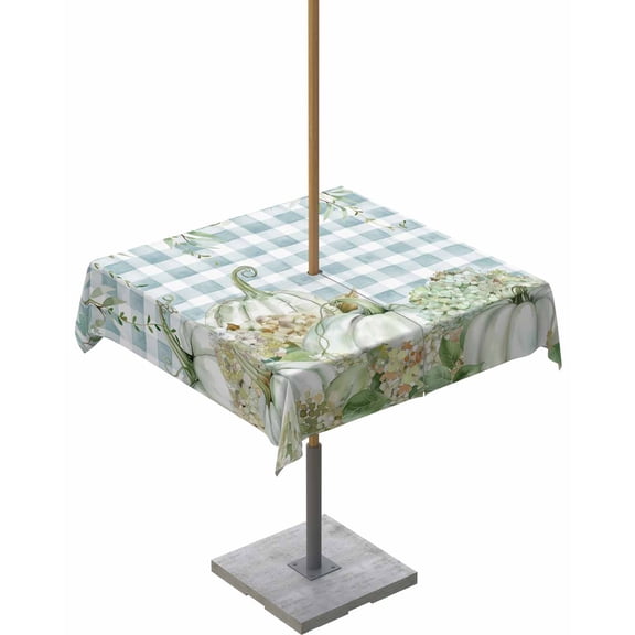 Fsddascl Fall Sage Green Pumpkins Outdoor Tablecloth - 60x60 Inch Square Dining Table Cover, Thanksgiving Maple Leaf Plaid Waterproof Outdoor Table Cloth with Umbrella Hole & Zipper for Picnic/Patio