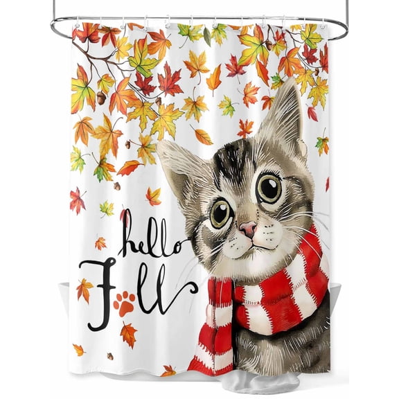 Fsddascl Fall Shower Curtain Set - 48" x 72" Washable Bathtub Curtain with 12 Hooks, Thanksgiving Autumn Cat Leaves Retro Maple Leaf Watercolor Waterproof Fabric Stall Shower Curtains for Bathroom