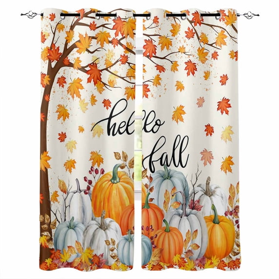 Fsddascl Fall Thanksgiving Blackout Curtains for Bedroom/Living Room, Thermal Insulated Kitchen Curtains, Orange White Pumpkin Maple Leaf Grommet Darkening Window Treatment Drapes 27.5"x39"x2