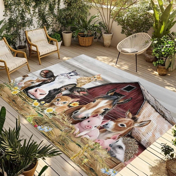 Fsddascl Farmhouse Animals Outdoor Rug for Patio/Deck/Porch, Non-Slip Large Area Rug 5 x 8 Ft, Cow Pig in Fence Retro Wood Barn Indoor Outdoor Rugs Washable Area Rugs, Reversible Camping Rug Carpet