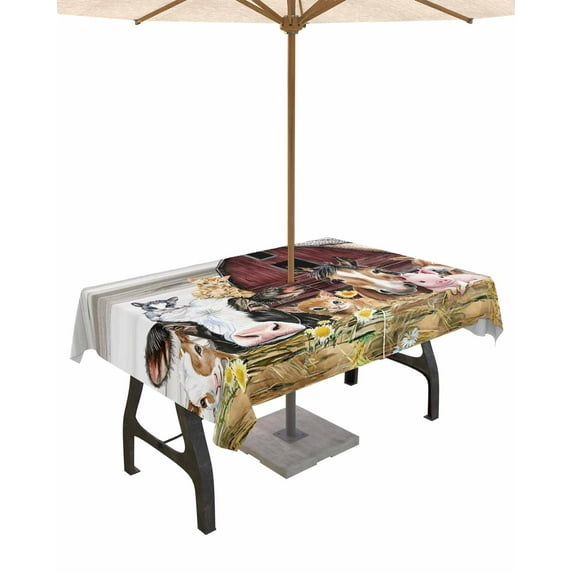 Fsddascl Farmhouse Animals Outdoor Tablecloth - 60x120 Inch Rectangle Dining Table Cover, Cow Pig in Fence Retro Wood Barn Waterproof Outdoor Table Cloth with Umbrella Hole & Zipper for Picnic/Patio