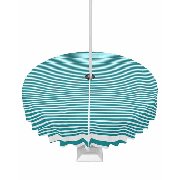 Fsddascl Farmhouse Aqua White Striped Outdoor Tablecloth - 54 Inch Round Dining Table Cover, Modern Stripes Waterproof Outdoor Table Cloth with Umbrella Hole & Zipper for Picnic/Patio/Party