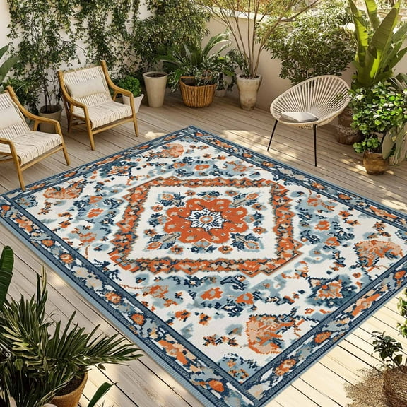 Fsddascl Farmhouse Aztec Outdoor Rug for Patio/Deck/Porch, Non-Slip Large Area Rug 5 x 8 Ft, Boho Southwest Tribal Ethnic Flowers Indoor Outdoor Rugs Washable Area Rugs, Camping Rug Carpet