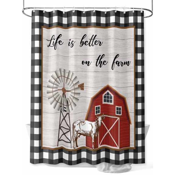 Fsddascl Farmhouse Barn Shower Curtain Set - Extra Long 72" x 96" Washable Bathtub Curtain with 12 Hooks, Vintage Cabin Cow Wood Grain Checkered Waterproof Fabric Stall Shower Curtains for Bathroom