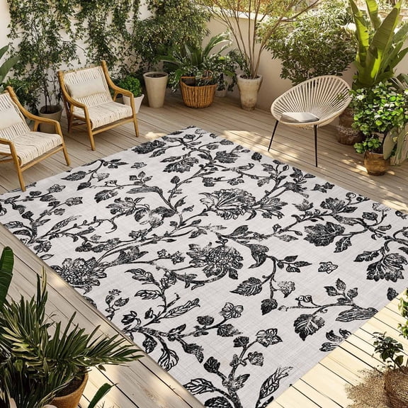 Fsddascl Farmhouse Black Outdoor Rug for Patio/Deck/Porch, Non-Slip Large Area Rug 4 x 6 Ft, Vintage Flower Leaf Botanical Plant Indoor Outdoor Rugs Washable Area Rugs, Reversible Camping Rug Carpet