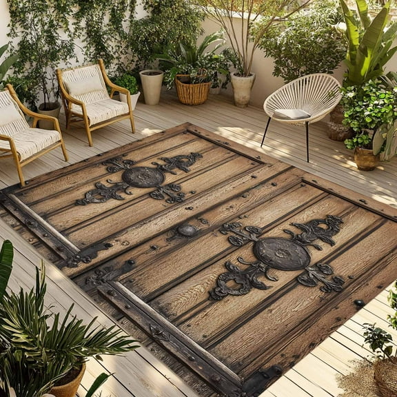 Fsddascl Farmhouse Brown Outdoor Rug for Patio/Deck/Porch, Non-Slip Large Area Rug 4 x 6 Ft, Rustic Wooden Historical Barn Door Plank Indoor Outdoor Rugs Washable Area Rugs, Camping Rug Carpet