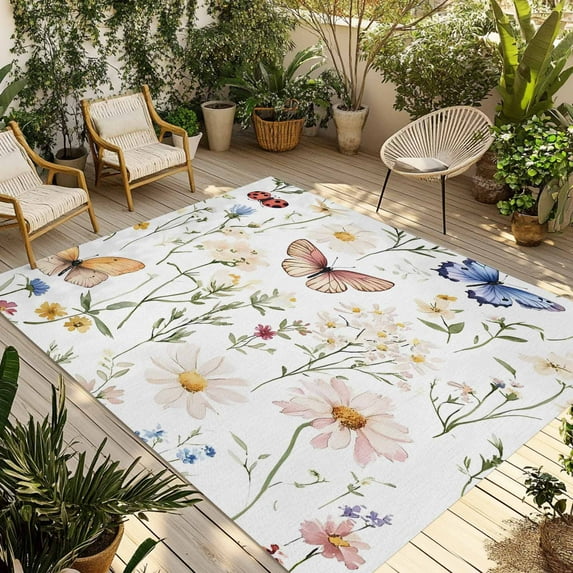 Fsddascl Farmhouse Butterfly Flowers Outdoor Rug for Patio/Deck/Porch, Non-Slip Large Area Rug 4 x 6 Ft, Spring Botanical Floral Indoor Outdoor Rugs Washable Area Rugs, Reversible Camping Rug Carpet