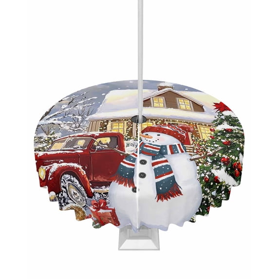 Fsddascl Farmhouse Christmas Outdoor Tablecloth - 54 Inch Round Dining Table Cover, Snowman Xmas Tree Truck Snowflake Waterproof Outdoor Table Cloth with Umbrella Hole & Zipper for Picnic/Patio