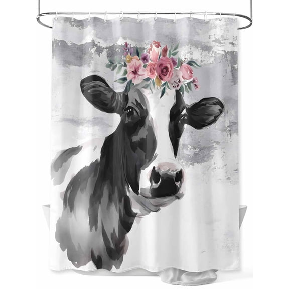 Fsddascl Farmhouse Cow Shower Curtain Set - 60" x 72" Washable Bathtub Curtain with 12 Hooks, Watercolor Animal Botanical Flowers Waterproof Fabric Stall Shower Curtains for Bathroom/Bathtub Décor