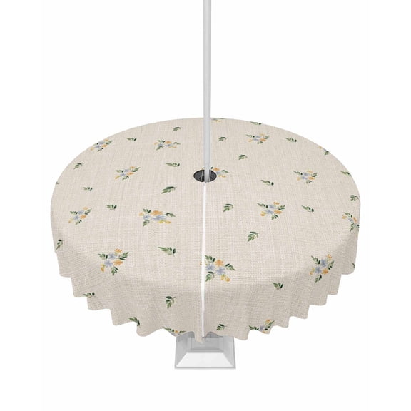Fsddascl Farmhouse Flowers Outdoor Tablecloth - 54 Inch Round Dining Table Cover, Pastoral Botanical Burlap Waterproof Outdoor Table Cloth with Umbrella Hole & Zipper for Picnic/Patio/Party
