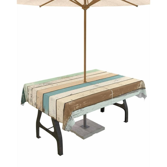 Fsddascl Farmhouse Green Brown Outdoor Tablecloth - 60x102 Inch Rectangle Dining Table Cover, Vintage Ombre Wooden Waterproof Outdoor Table Cloth with Umbrella Hole & Zipper for Picnic/Patio/Party