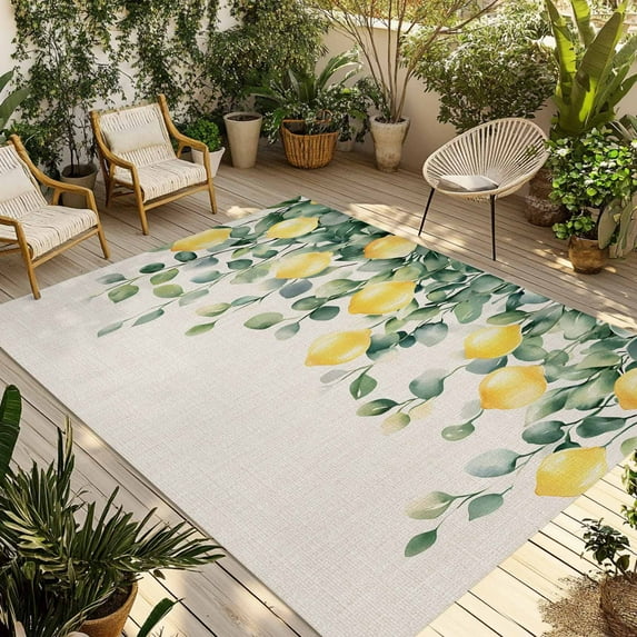 Fsddascl Farmhouse Lemon Outdoor Rug for Patio/Deck/Porch, Non-Slip Large Area Rug 5 x 8 Ft, Vintage Botanical Leaf Retro Beige Indoor Outdoor Rugs Washable Area Rugs, Reversible Camping Rug Carpet