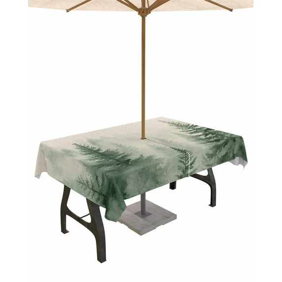 Fsddascl Farmhouse Mist Forest Outdoor Tablecloth - 60x84 Inch Rectangle Dining Table Cover, Vintage Trees Natural Landscape Waterproof Outdoor Table Cloth with Umbrella Hole & Zipper for Patio