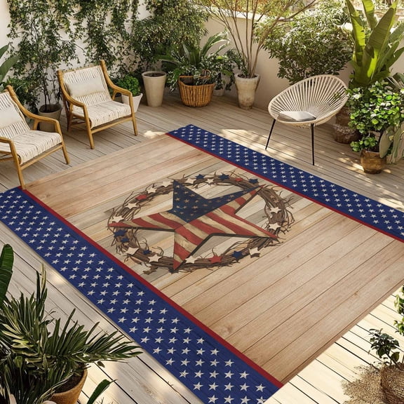 Fsddascl Farmhouse Outdoor Rug for Patio/Deck/Porch, Non-Slip Large Area Rug 5 x 8 Ft, Country Independence Day Stars And Stripes Indoor Outdoor Rugs Washable Area Rugs, Camping Rug Carpet