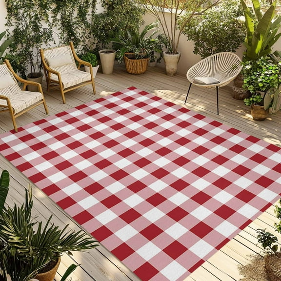Fsddascl Farmhouse Red Plaid Outdoor Rug for Patio/Deck/Porch, Non-Slip Large Area Rug 6 x 9 Ft, Rustic Red White Checkered Indoor Outdoor Rugs Washable Area Rugs, Reversible Camping Rug Carpet
