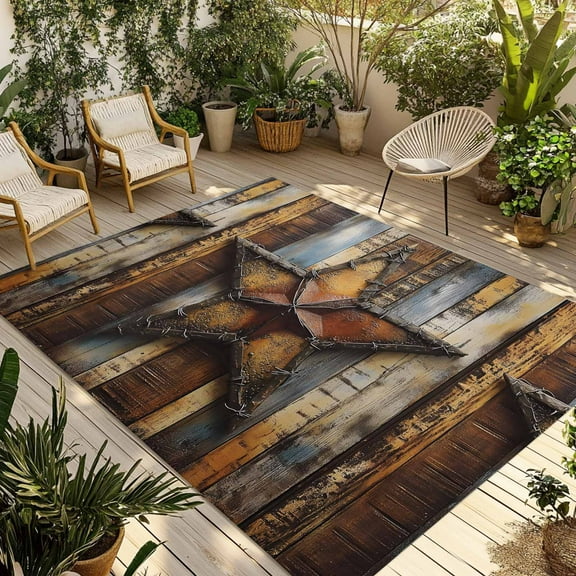 Fsddascl Farmhouse Retro Outdoor Rug for Patio/Deck/Porch, Non-Slip Large Area Rug 5 x 8 Ft, Brown Country Texas Star Wooden Grain Indoor Outdoor Rugs Washable Area Rugs, Camping Rug Carpet