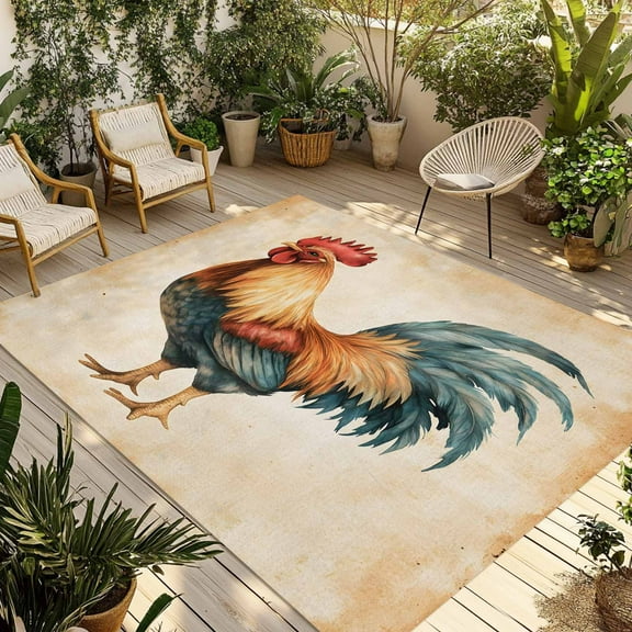 Fsddascl Farmhouse Rooster Outdoor Rug for Patio/Deck/Porch, Non-Slip Large Area Rug 4 x 6 Ft, Vintage Country Animals Print Indoor Outdoor Rugs Washable Area Rugs, Reversible Camping Rug Carpet