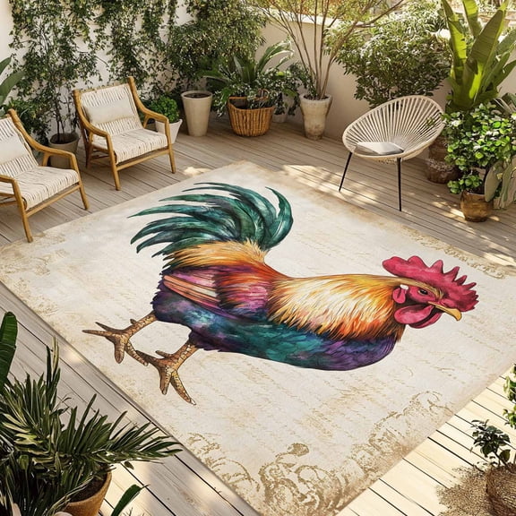 Fsddascl Farmhouse Rooster Outdoor Rug for Patio/Deck/Porch, Non-Slip Large Area Rug 5 x 8 Ft, Vintage Country Animal Prints Indoor Outdoor Rugs Washable Area Rugs, Reversible Camping Rug Carpet