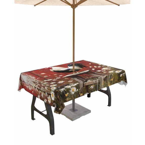 Fsddascl Farmhouse Rooster Outdoor Tablecloth - 60x84 Inch Rectangle Dining Table Cover, Rustic Daisies Red Wooden Waterproof Outdoor Table Cloth with Umbrella Hole & Zipper for Picnic/Patio/Party