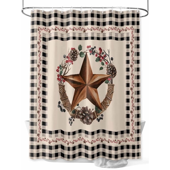 Fsddascl Farmhouse Shower Curtain Set - 72" x 78" Washable Bathtub Curtain with 12 Hooks, Country Star Berry Plaid Lodge Grey Brown Waterproof Fabric Stall Shower Curtains for Bathroom/Bathtub Décor