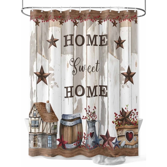 Fsddascl Farmhouse Shower Curtain Set - Small 36" x 72" Washable Bathtub Curtain with 12 Hooks, Retro Country Star Berry Vintage Wood Grain Waterproof Fabric Stall Shower Curtains for Bathroom