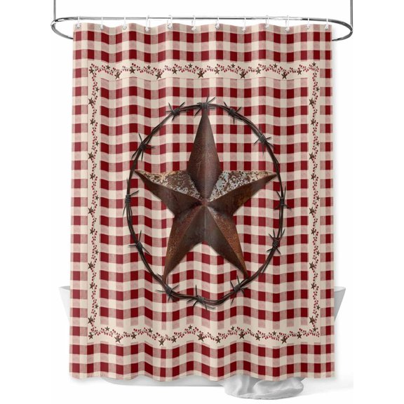 Fsddascl Farmhouse Shower Curtain Set - Small 36" x 72" Washable Bathtub Curtain with 12 Hooks, Vintage Star Retro Rustic Checked Grid Lodge Waterproof Fabric Stall Shower Curtains for Bathroom