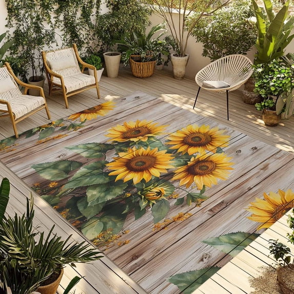 Fsddascl Farmhouse Sunflower Outdoor Rug for Patio/Deck/Porch, Non-Slip Large Area Rug 5 x 8 Ft, Vintage Rustic Botanical Wooden Indoor Outdoor Rugs Washable Area Rugs, Reversible Camping Rug Carpet