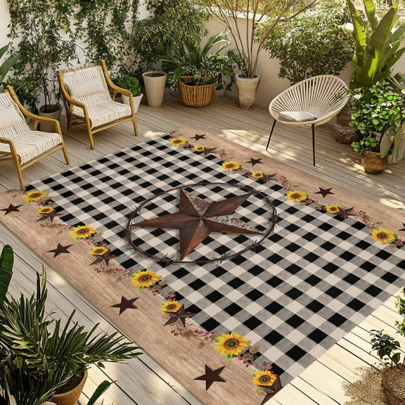 Fsddascl Farmhouse Vintage Outdoor Rug for Patio/Deck/Porch, Non-Slip Large Area Rug 6 x 9 Ft, Western Country Star Brown Plaid Indoor Outdoor Rugs Washable Area Rugs, Reversible Camping Rug Carpet