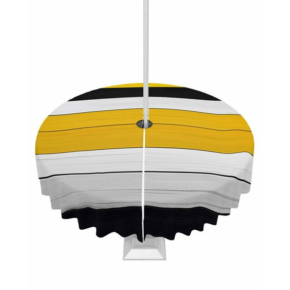 Fsddascl Farmhouse Yellow Outdoor Tablecloth - 54 Inch Round Dining Table Cover, Gradient Black White Wood Grain Retro Waterproof Outdoor Table Cloth with Umbrella Hole & Zipper for Picnic/Patio