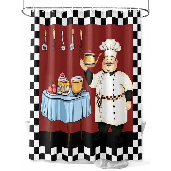 Fsddascl Fat Chef Shower Curtain Set - Small 36" x 72" Washable Bathtub Curtain with 12 Hooks, Black White Checkered Farmhouse Red Kitchen Cook Waterproof Fabric Stall Shower Curtains for Bathroom
