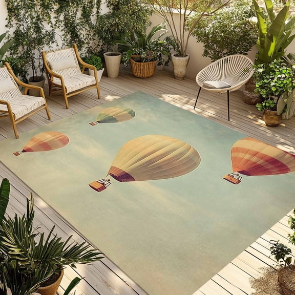Fsddascl Floating Hot Air Balloon Outdoor Rug for Patio/Deck/Porch, Non-Slip Large Area Rug 5 x 8 Ft, Modern Vintage Balloon Indoor Outdoor Rugs Washable Area Rugs, Reversible Camping Rug Carpet