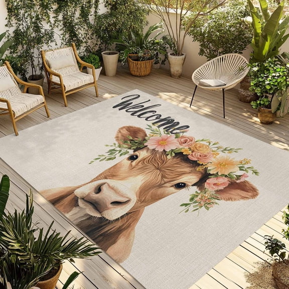 Fsddascl Floral Cow Outdoor Rug for Patio/Deck/Porch, Non-Slip Large Area Rug 4 x 6 Ft, Botanical Garden Flowers Spring Animal Indoor Outdoor Rugs Washable Area Rugs, Reversible Camping Rug Carpet