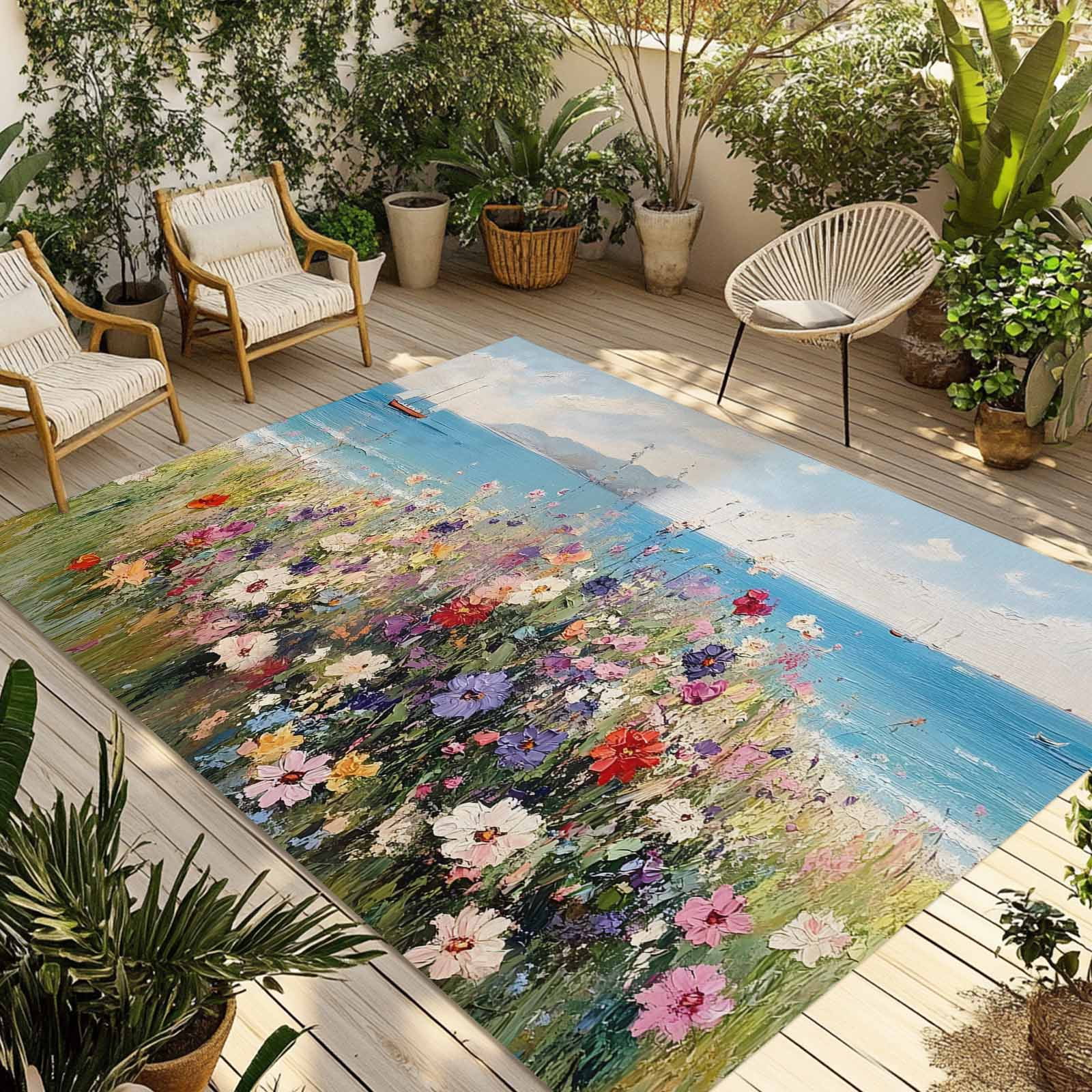 Fsddascl Floral Oil Painting Outdoor Rug for Patio/Deck/Porch, Non-Slip ...
