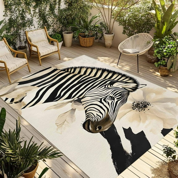Fsddascl Floral Zebra Outdoor Rug for Patio/Deck/Porch, Non-Slip Large Area Rug 5 x 8 Ft, Black Stripes Flowers Plant Spring Botanical Indoor Outdoor Rugs Washable Area Rugs, Camping Rug Carpet