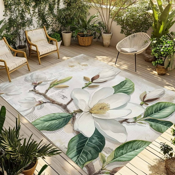 Fsddascl Flowers Leaves Outdoor Rug for Patio/Deck/Porch, Non-Slip Large Area Rug 5 x 8 Ft, Farmhouse White Botanical Magnolia Retro Indoor Outdoor Rugs Washable Area Rugs, Camping Rug Carpet