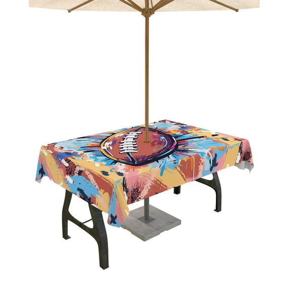 Fsddascl Football Outdoor Tablecloth - 60x84 Inch Rectangle Dining Table Cover, Yellow Blue Pink Watercolor Abstract Art Sports Waterproof Outdoor Table Cloth with Umbrella Hole & Zipper for Patio